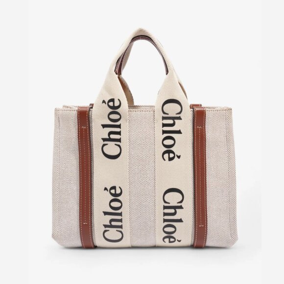 Chloé Canvas Leather Top Handle Tote Bag In Sand Beige Logo Detail Open Top - Picture 1 of 12